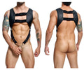 Black leather male basics dmbL08 dngeon croptop cockring harness with metal buckles and chain attachment