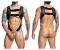 Black leather male basics dmbL08 dngeon croptop cockring harness with metal buckles and chain attachment