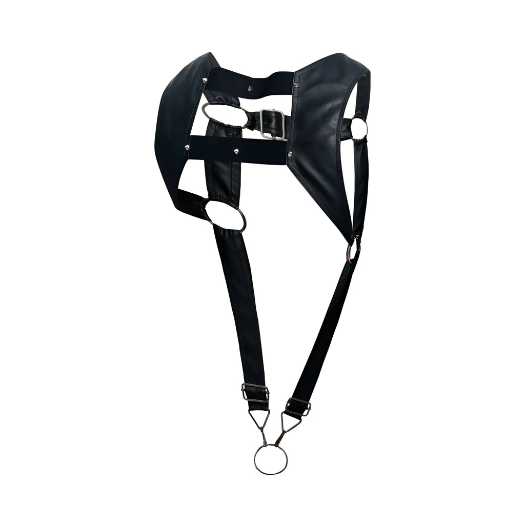 Black leather male basics dmble08 dngeon croptop cockring harness with metal rings and buckle shown from back side