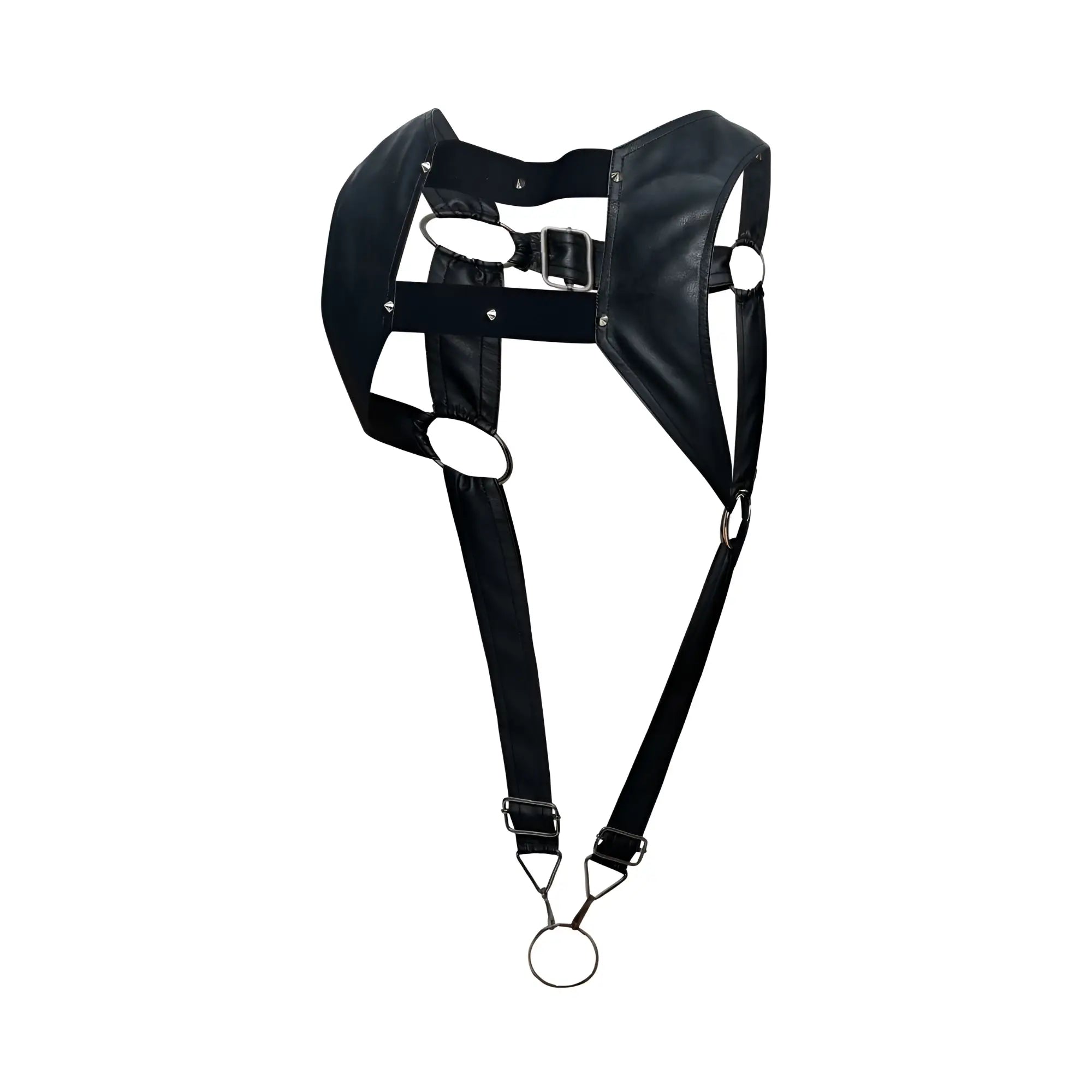 Black leather male basics dmble08 dngeon croptop cockring harness with metal rings and buckle shown from back side