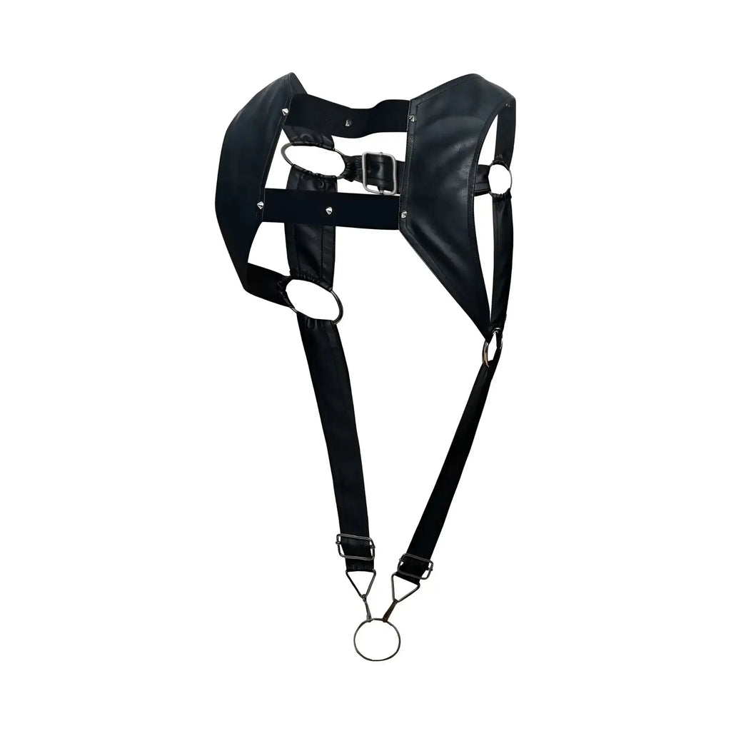 Black leather male basics dmble08 dngeon croptop cockring harness with metal rings and buckle shown from back side