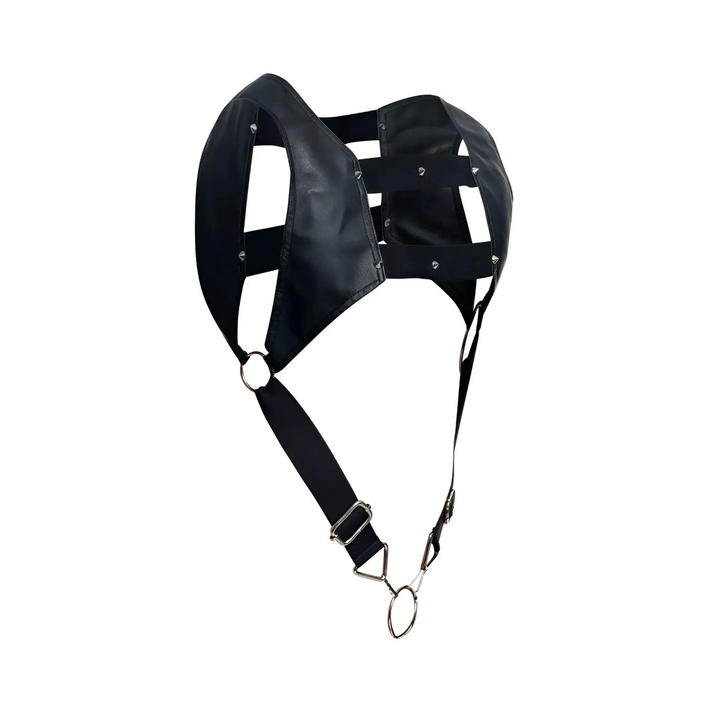 Black leather malebasics dmble08 dngeon croptop cockring harness with silver metal rings and clasps