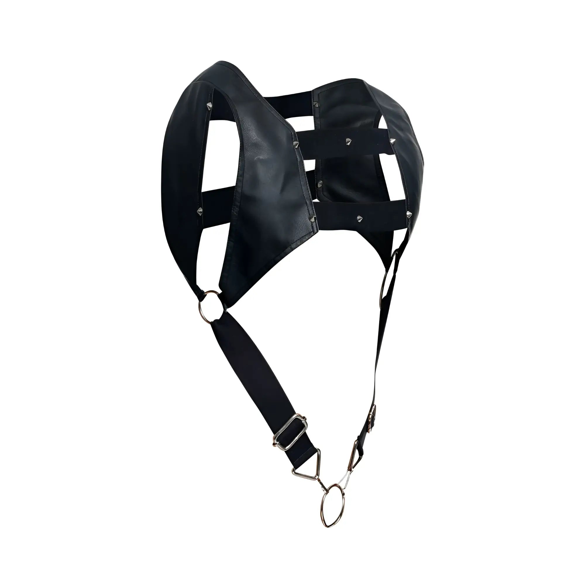 Black leather malebasics dmble08 dngeon croptop cockring harness with silver metal rings and clasps
