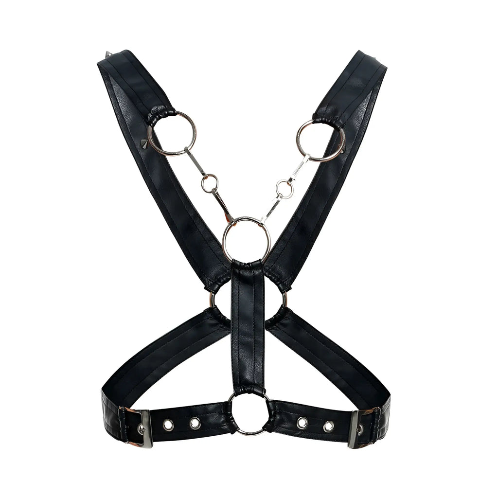 Malebasics dmbl09 dngeon black faux leather harness with silver metal rings and buckles front view