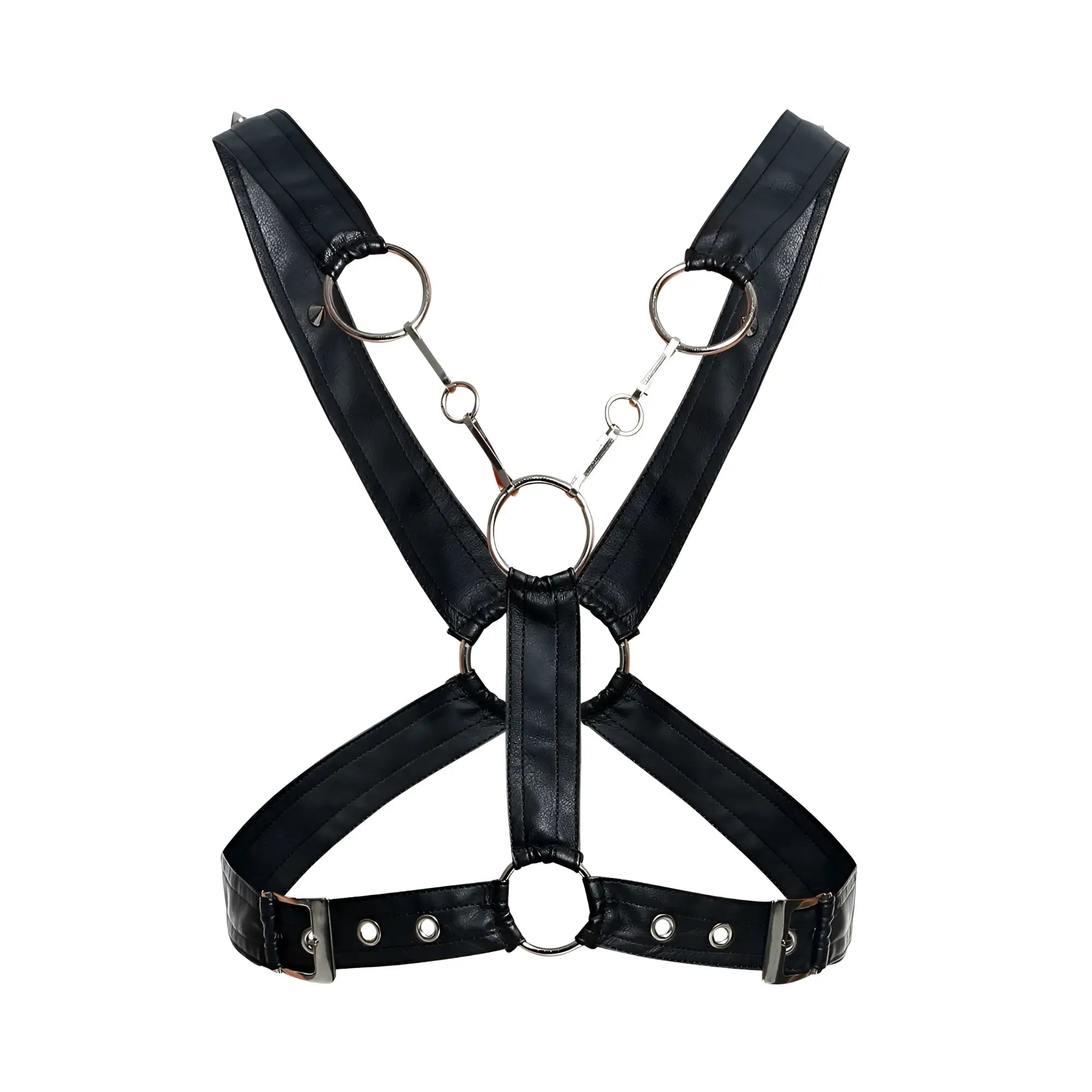 Malebasics dmbl09 dngeon black faux leather harness with silver metal rings and buckles front view