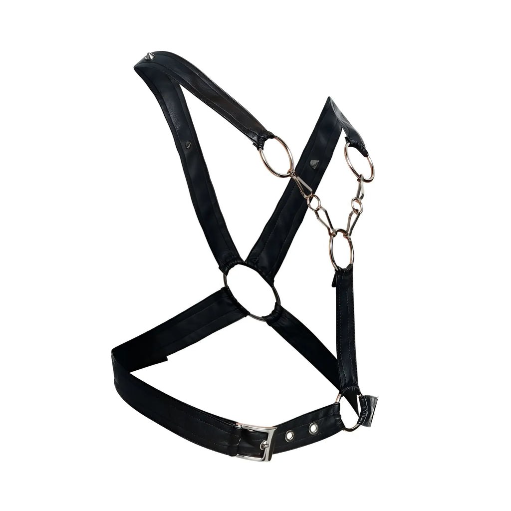Malebasics dmbly09 dngeon black faux leather harness with silver metal rings and buckle for men