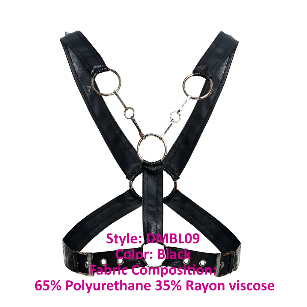 Black leather-like male basics dmblo9 dungeon cross chain harness with silver metal rings and chains