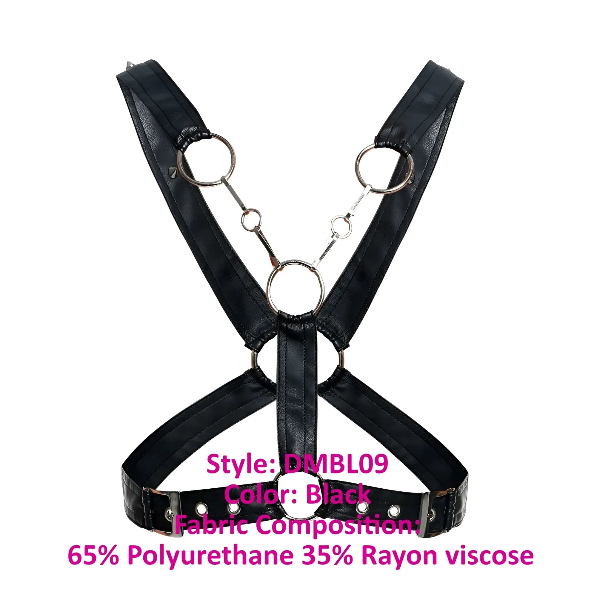 Black leather-like male basics dmblo9 dungeon cross chain harness with silver metal rings and chains