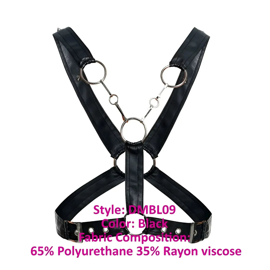 Black leather-like male basics dmblo9 dungeon cross chain harness with silver metal rings and chains