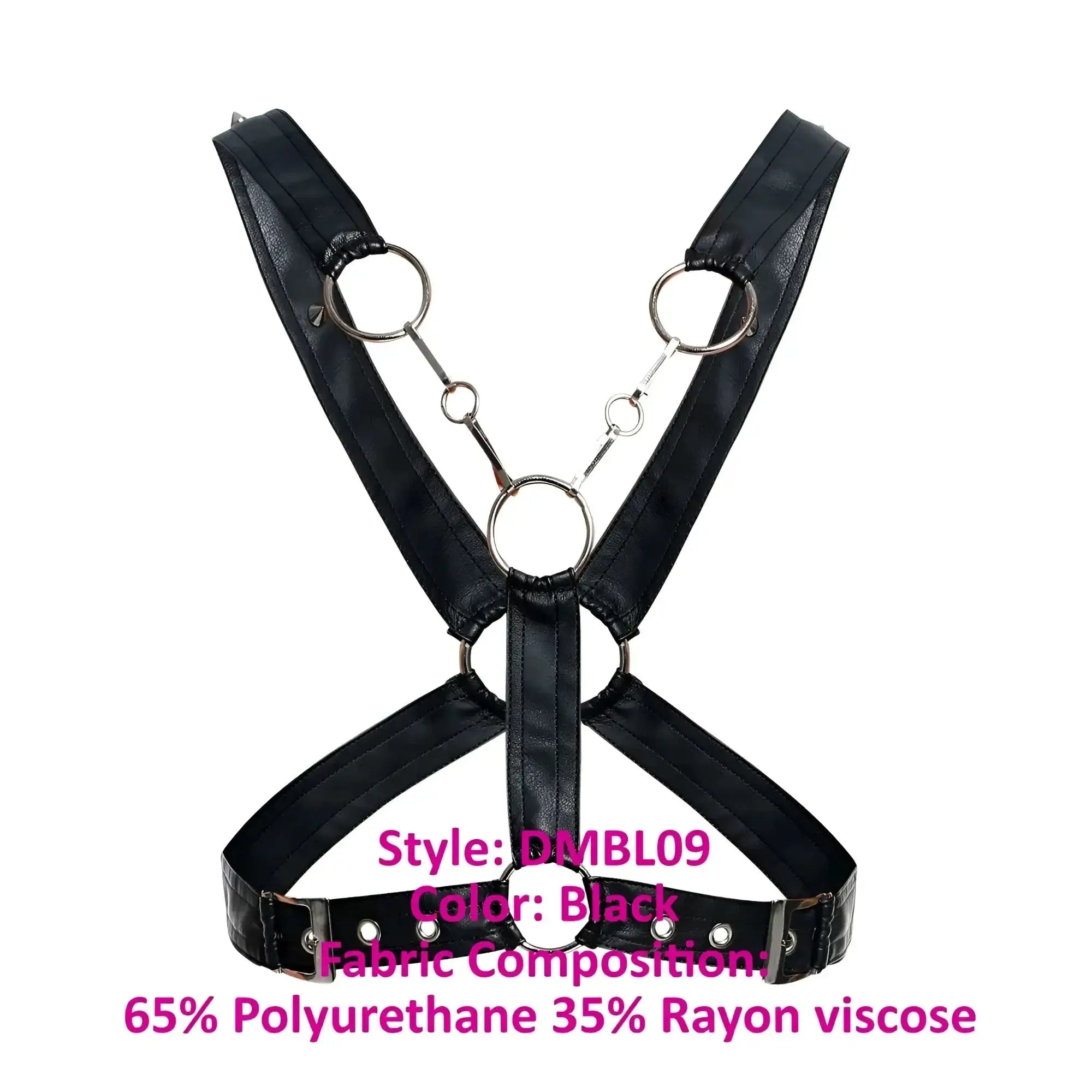 Black leather-like male basics dmblo9 dungeon cross chain harness with silver metal rings and chains