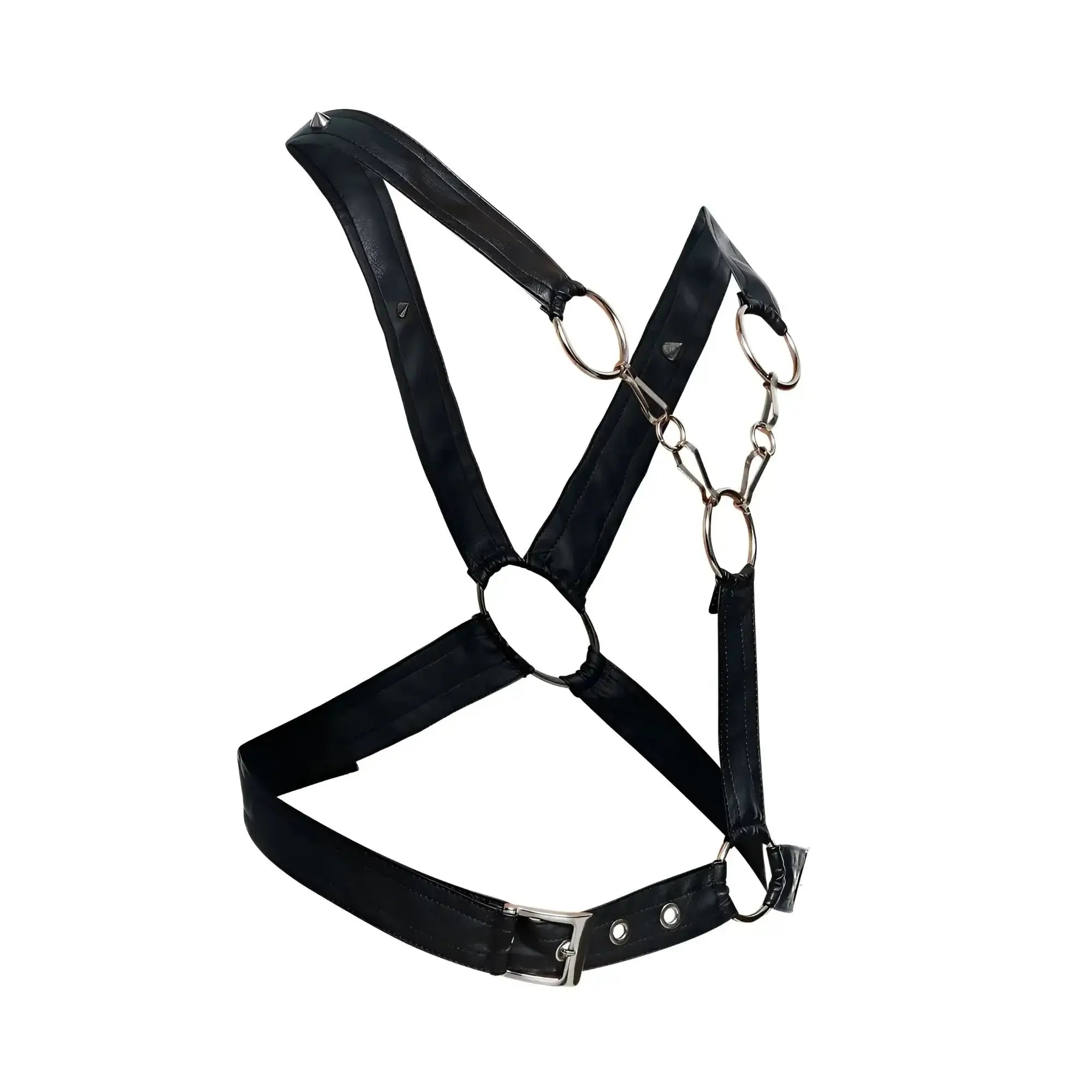 Malebasics dmbly09 dngeon black faux leather harness with silver metal rings and buckle for men