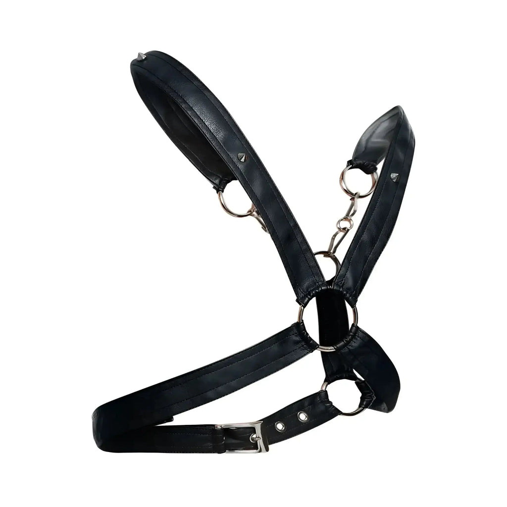 Malebasics dmblo9 dngeon black leather harness with silver metal rings buckle and cross chain design