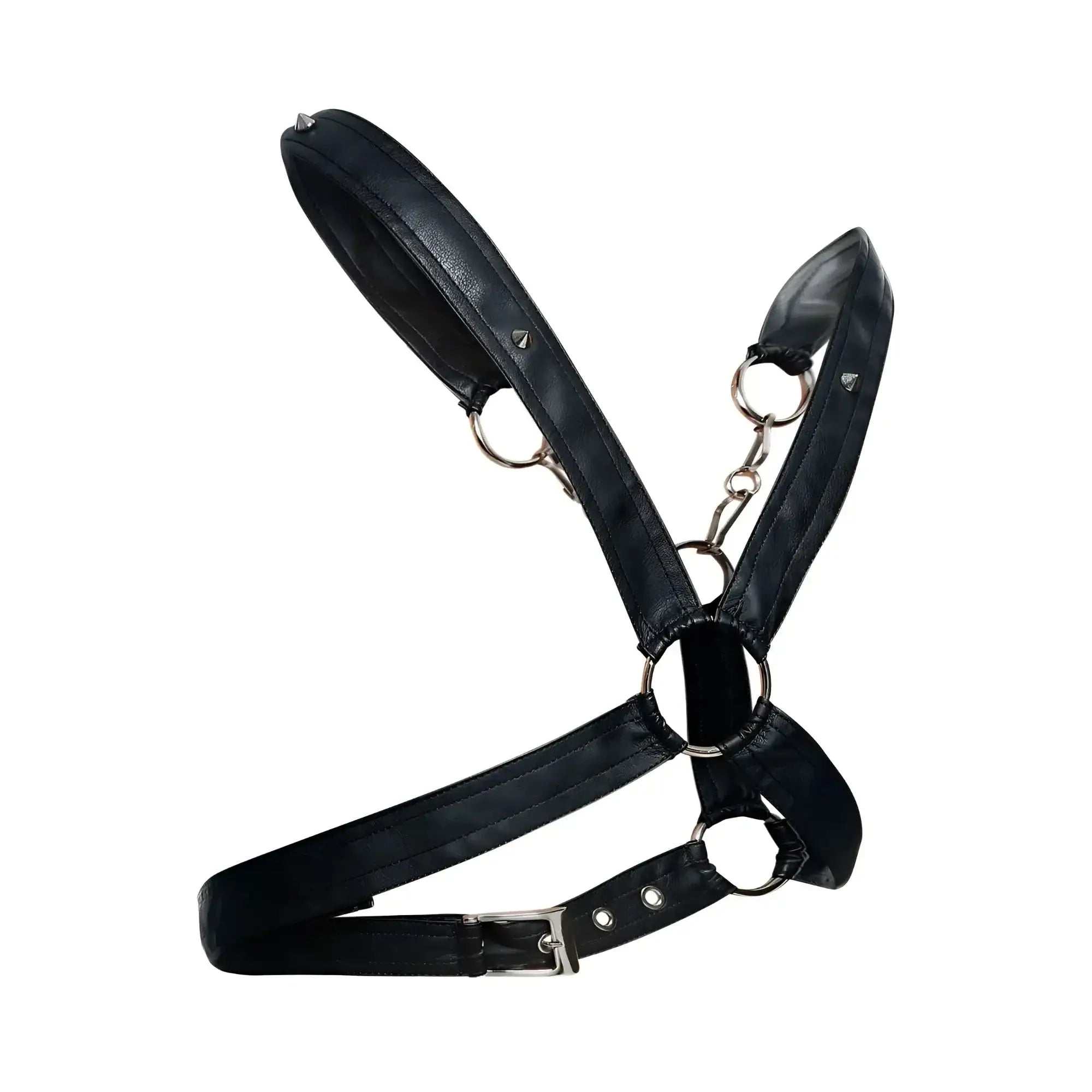 Malebasics dmblo9 dngeon black leather harness with silver metal rings buckle and cross chain design