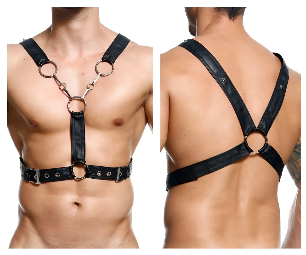 Black leather malebasics dmbL09 dungeon cross chain harness with silver metal rings and buckles