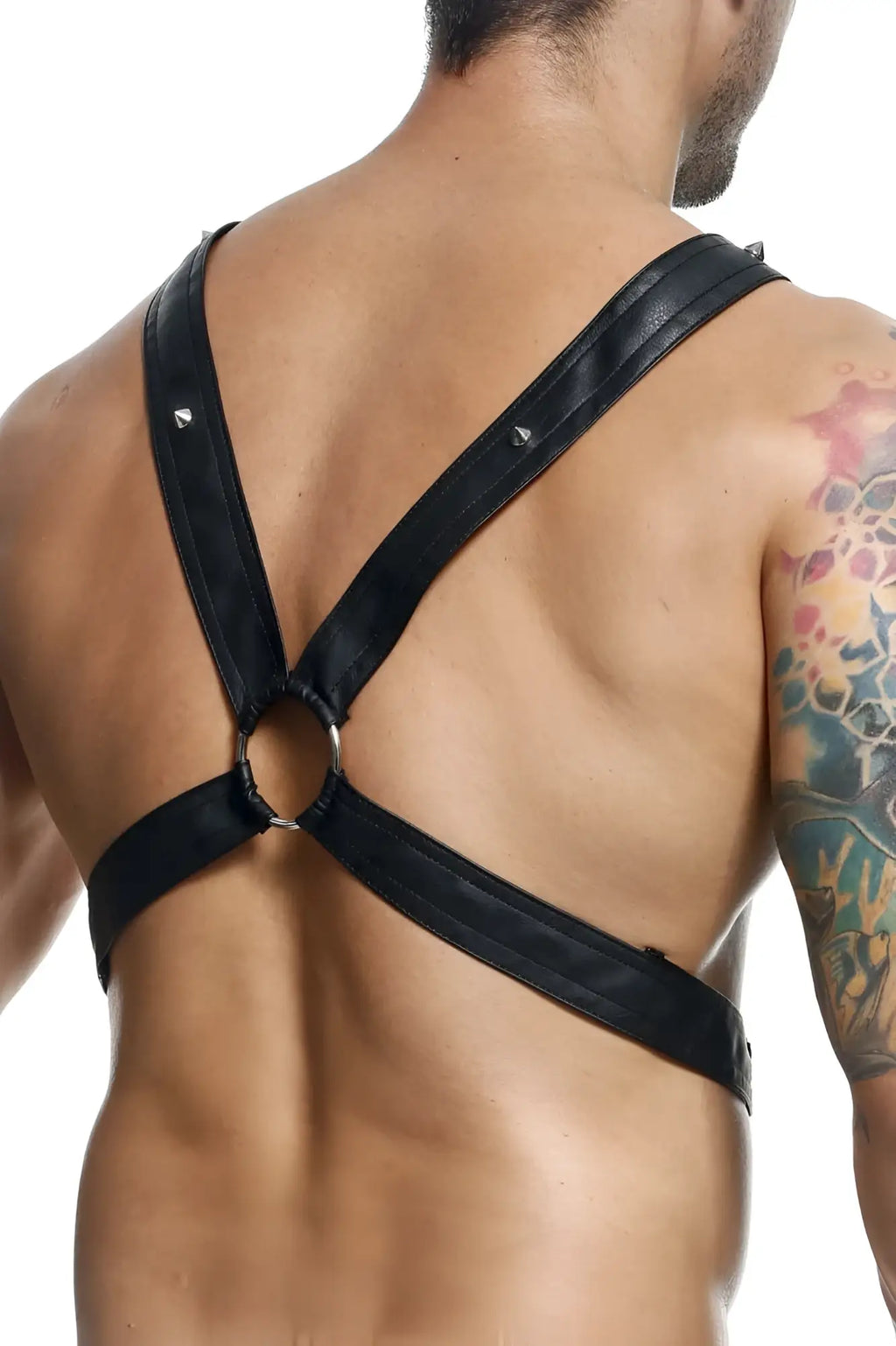 Malebasics dmbl09 dngeon black leather harness with silver metal rings studs and cross chain detail