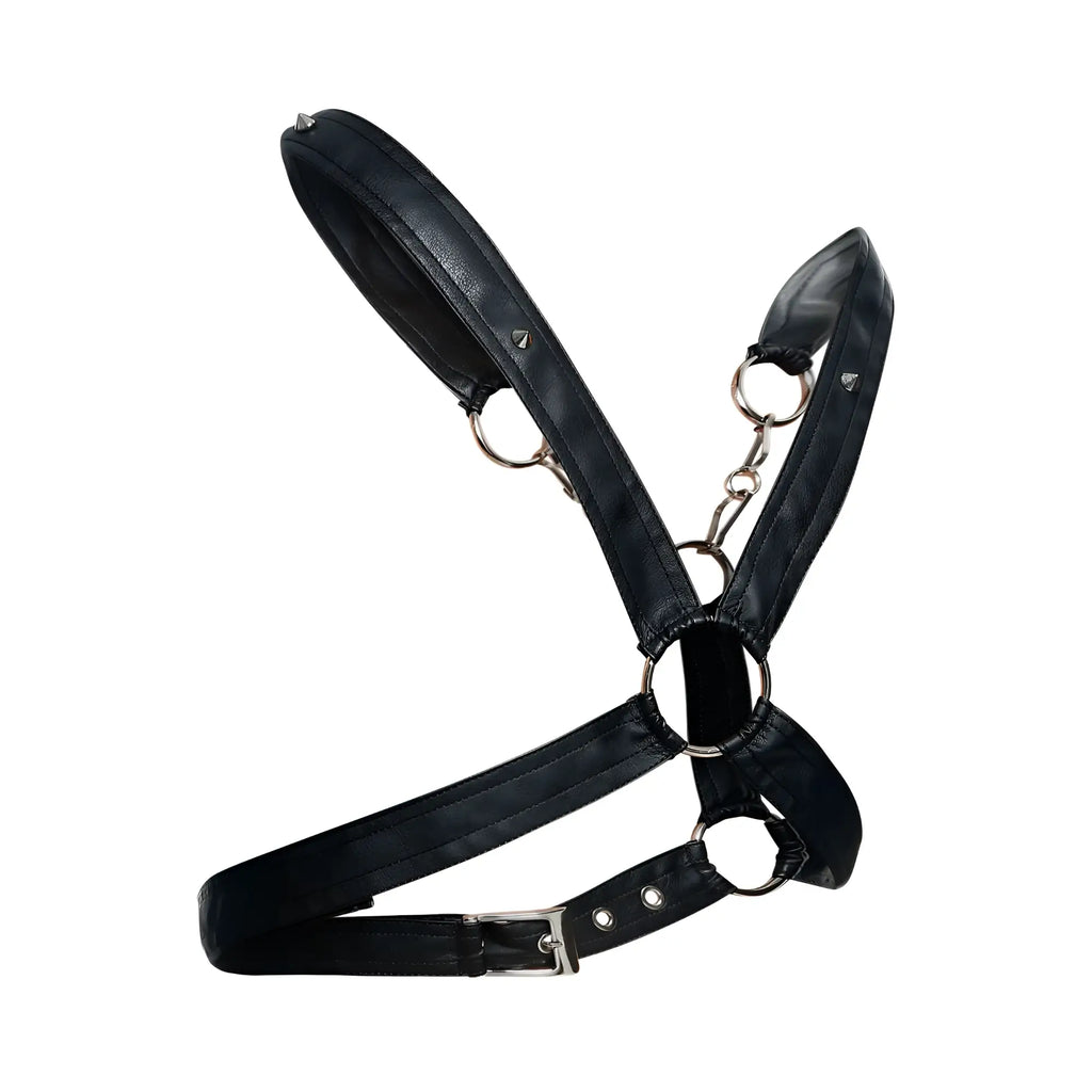 Malebasics dmblo9 dngeon black leather harness with silver metal rings buckle and cross chain design