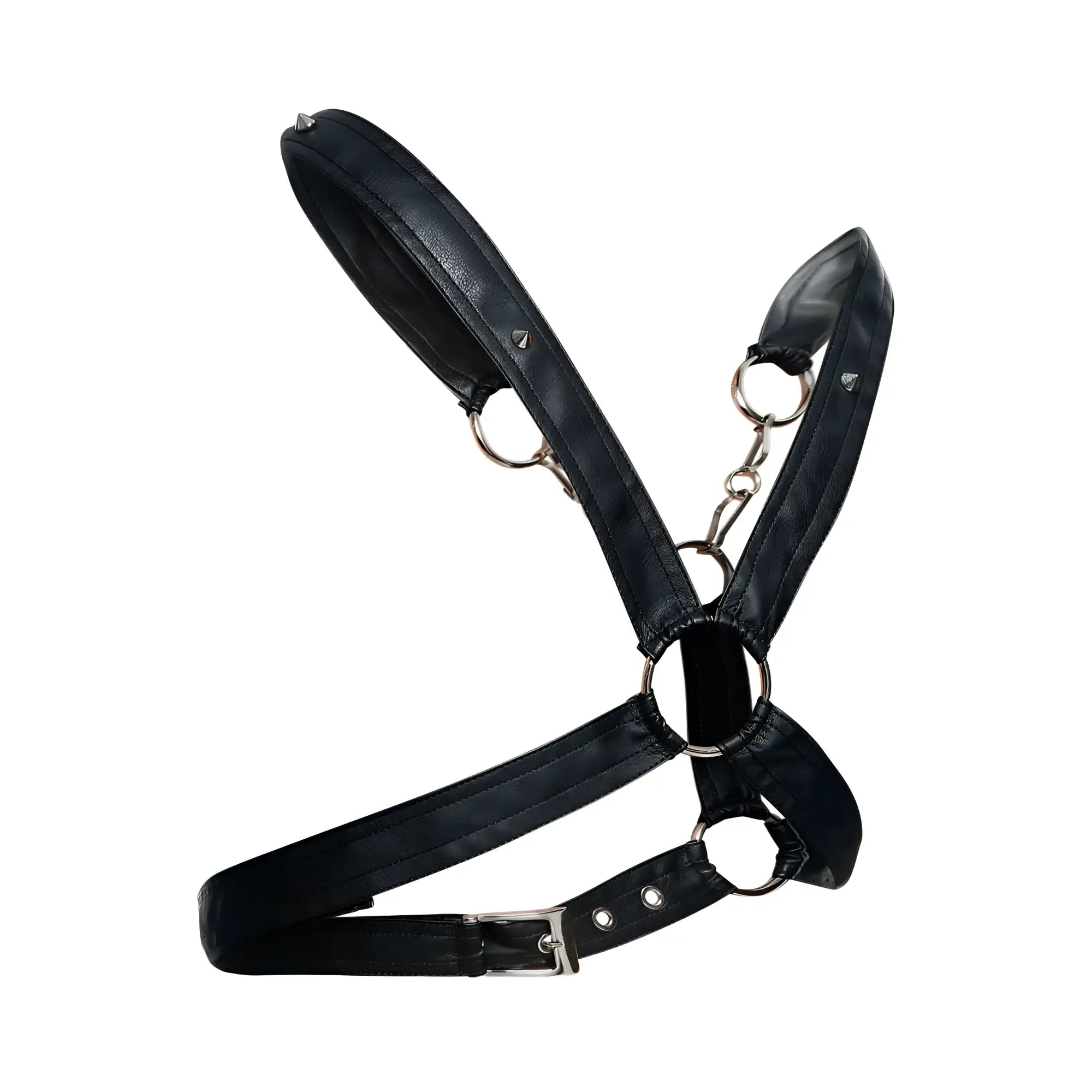 Malebasics dmblo9 dngeon black leather harness with silver metal rings buckle and cross chain design