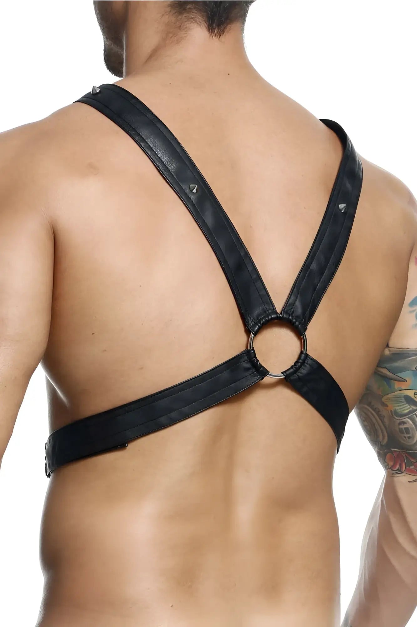 Black leather malebasics dmbl09 dngeon cross chain harness with silver metal rings and studs