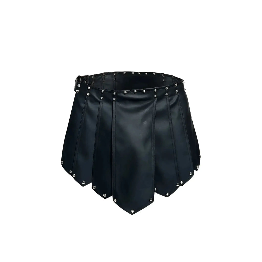 Malebasics dmbl10 dngeon roman skirt black faux leather pleated skirt with silver studs on waistband and hem