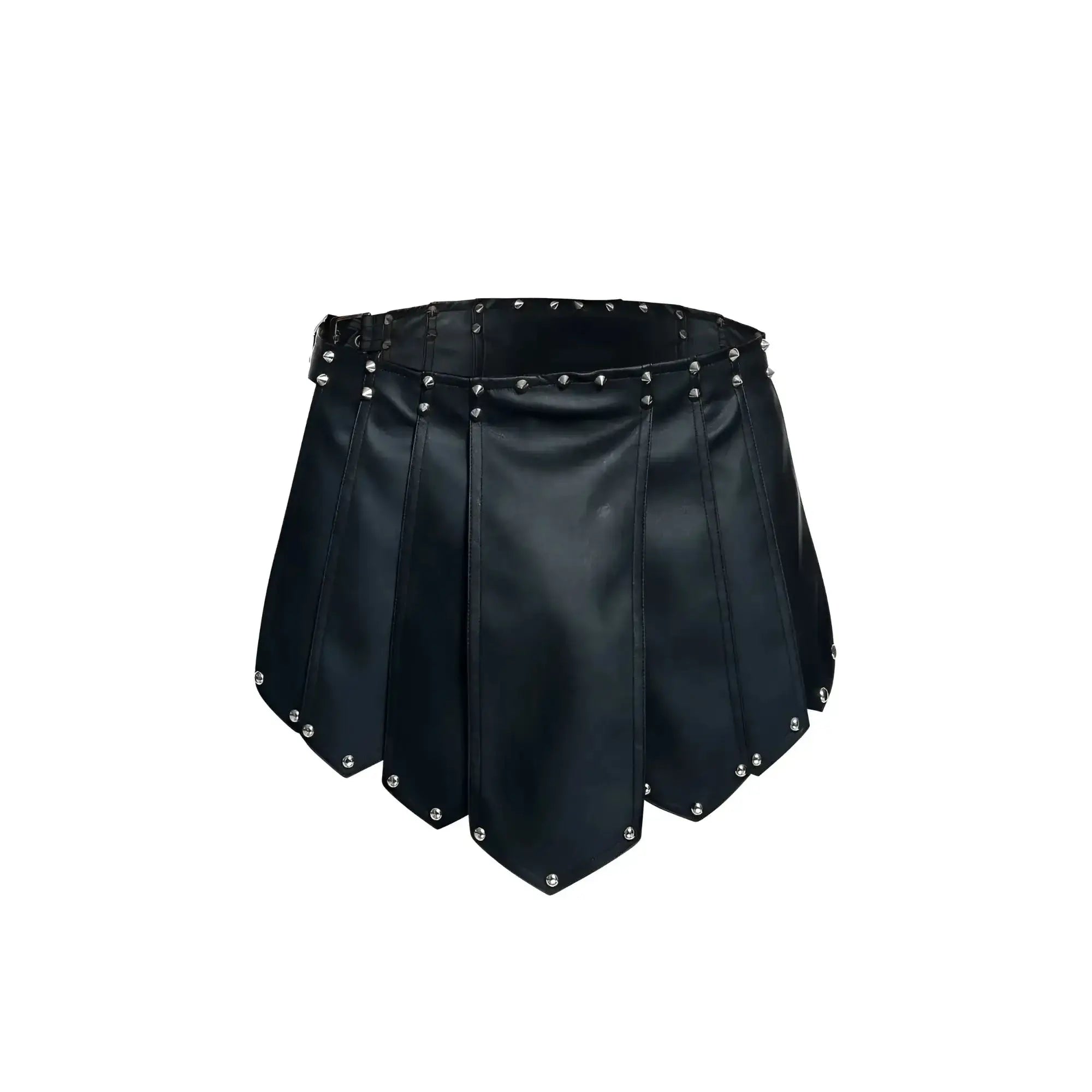 Malebasics dmbl10 dngeon roman skirt black faux leather pleated skirt with silver studs on waistband and hem