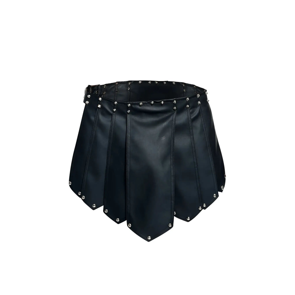 Malebasics dmbl10 dngeon roman skirt black faux leather pleated skirt with silver studs on waistband and hem