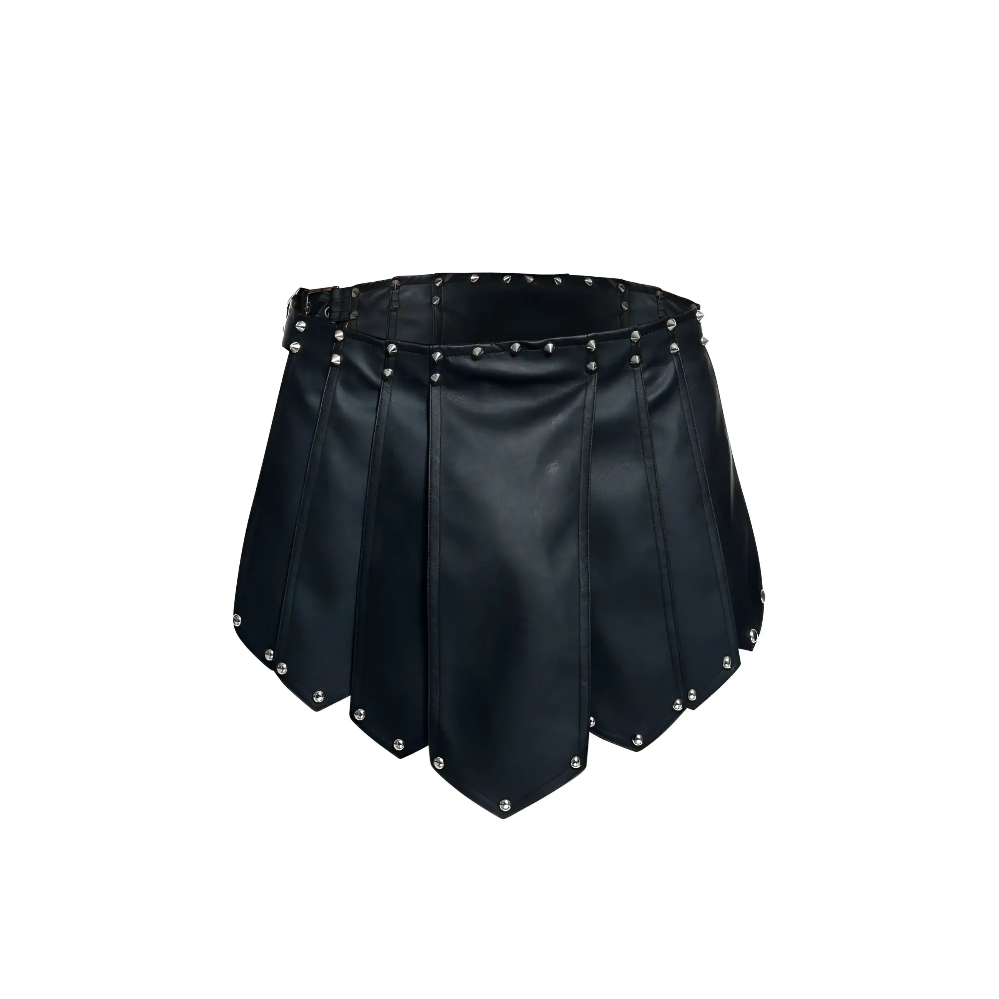 Malebasics dmbl10 dngeon roman skirt black faux leather pleated skirt with silver studs on waistband and hem