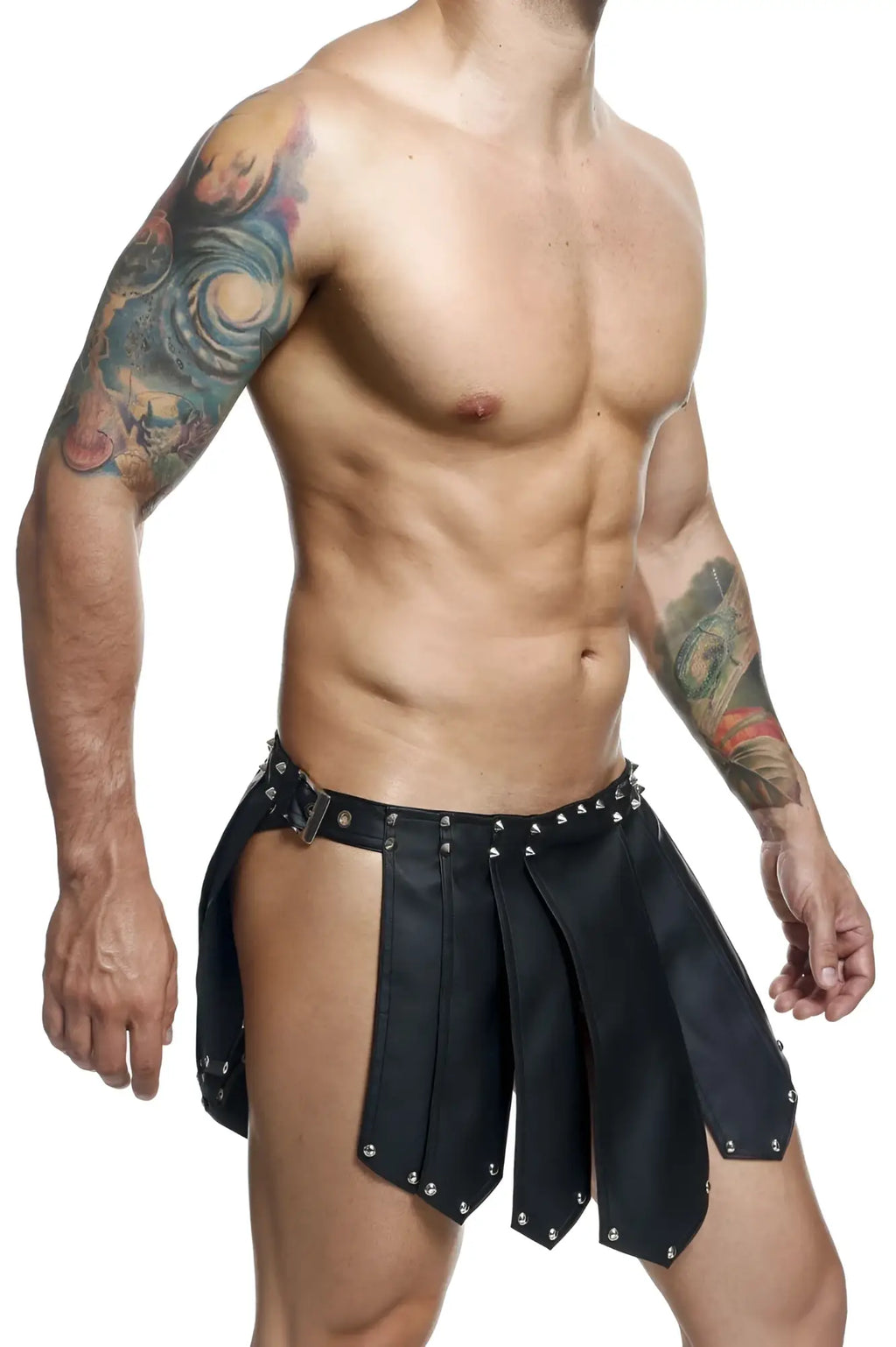 Malebasics dmbl10 dngeon roman skirt in black features black leather chaps with silver studs and metallic buckle