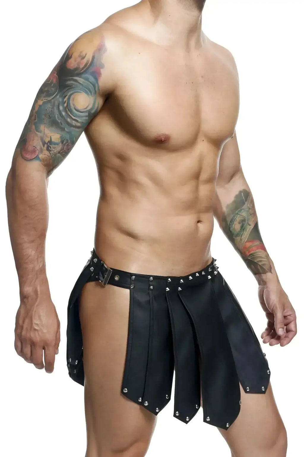 Malebasics dmbl10 dngeon roman skirt in black features black leather chaps with silver studs and metallic buckle