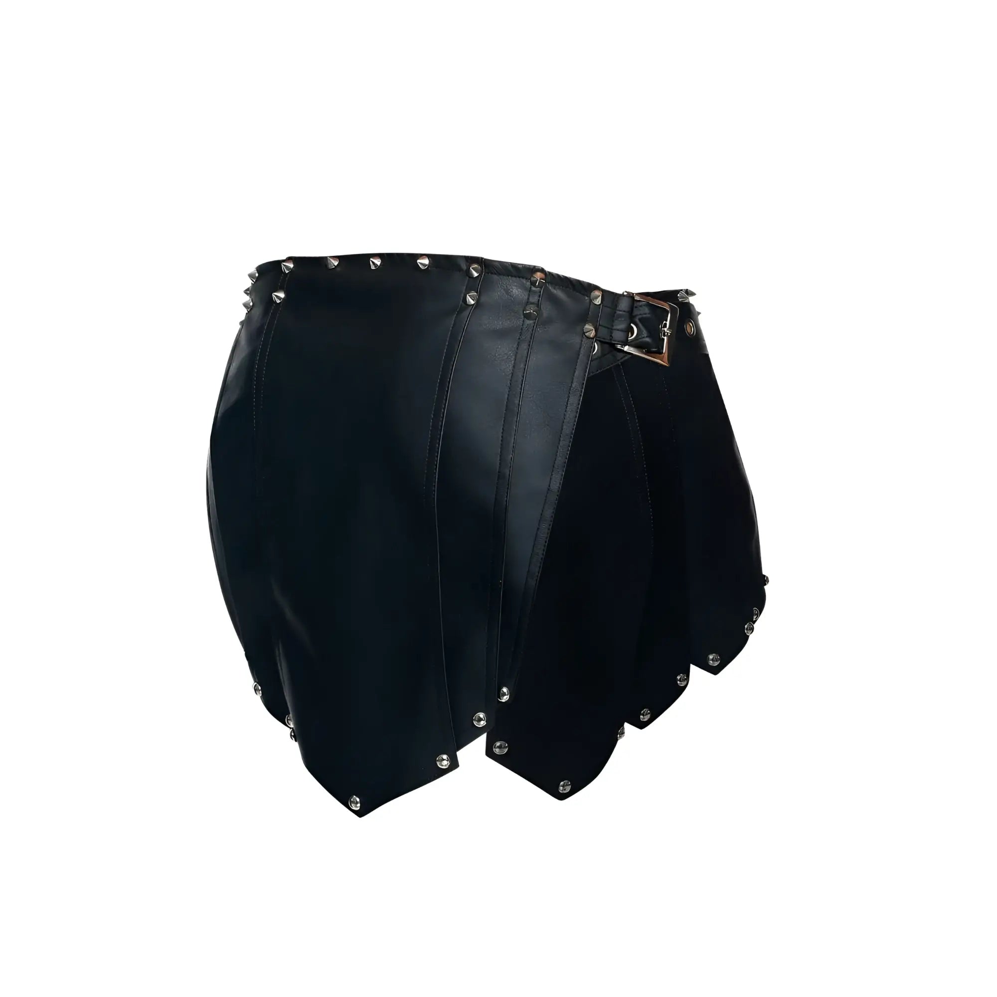 Malebasics dmb10 dngeon black leather mini skirt with silver studs and metallic buckle for edgy wear