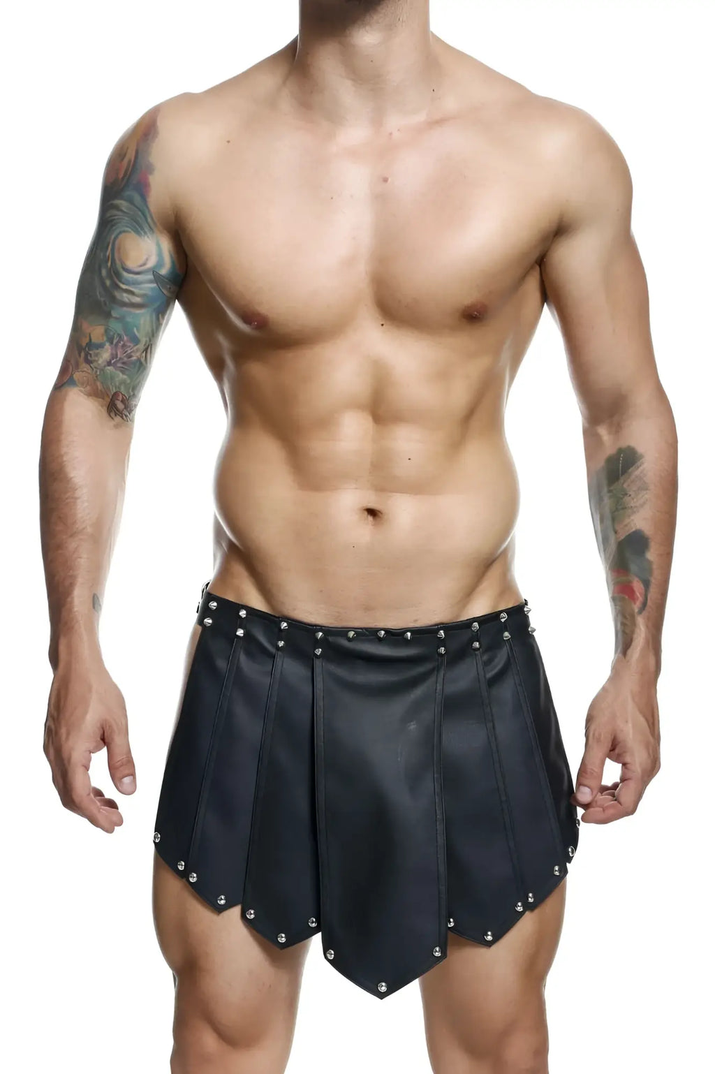 MaleBasics dmbL10 dnGeon roman skirt black leather pleated shorts with silver studs along hem and waistband