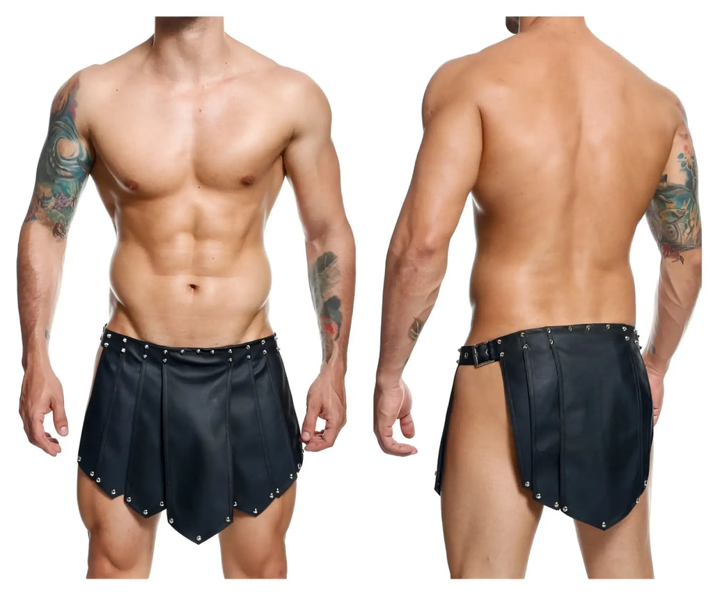 Malebasics dmblo10 dngeon roman skirt in black leather shorts with silver studs and belt buckle detail