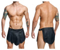 Malebasics dmblo10 dngeon roman skirt in black leather shorts with silver studs and belt buckle detail
