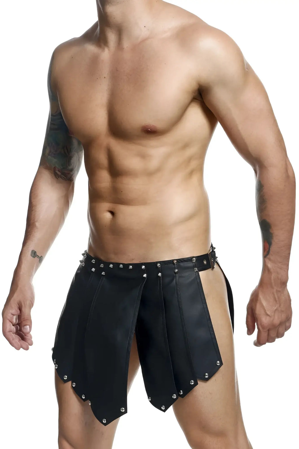 Malebasics dmbl10 dngeon black leather roman shorts with silver studs on waistband and hem