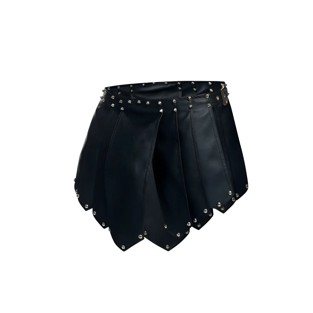 Black pleated leather mini skirt with silver studs along waistband and hem from malebasics dmb10 dngeon roman skirt