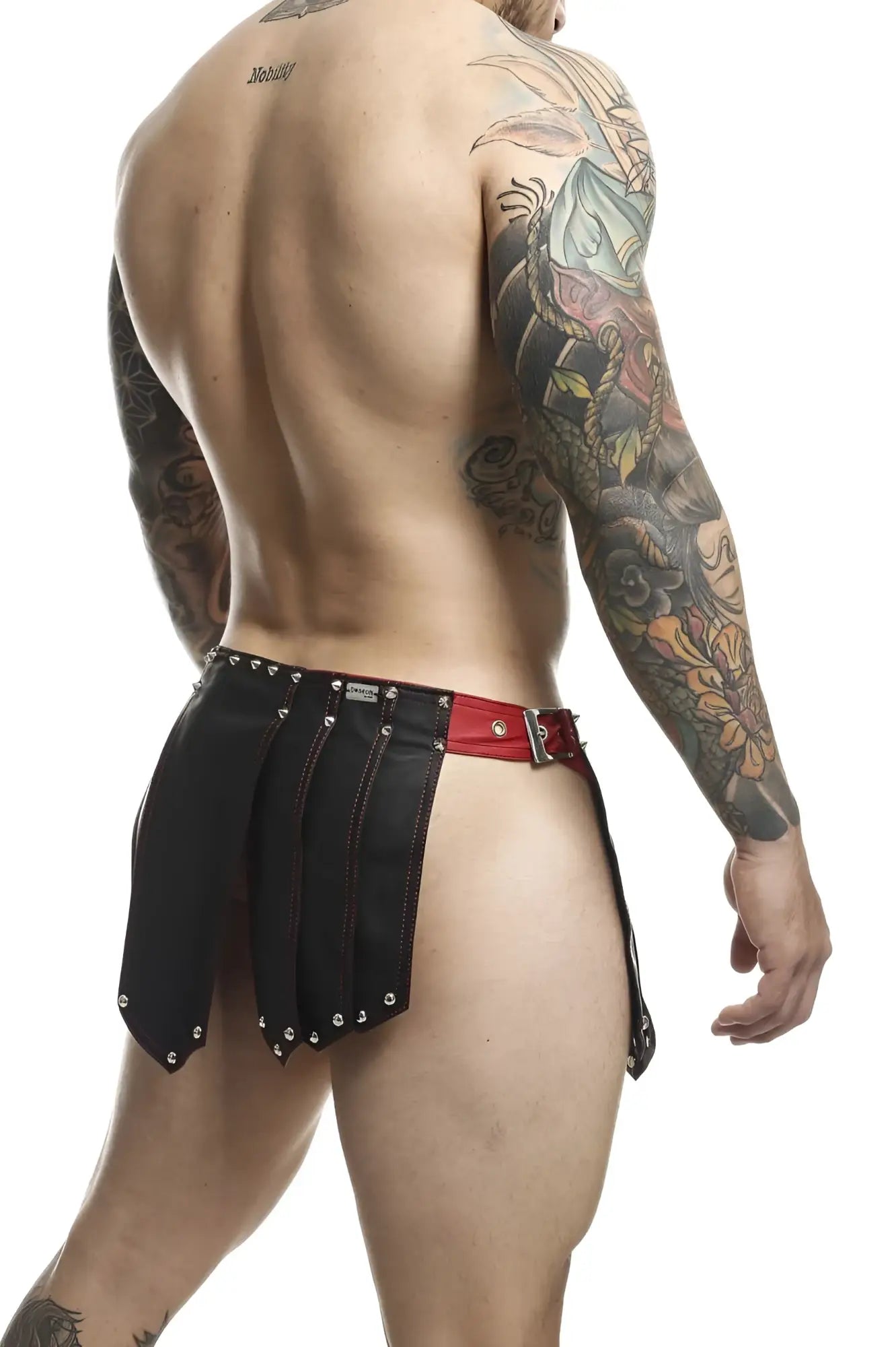 Black leather malebasics dmb10 dngeon briefs with red accents and silver studs in roman skirt style