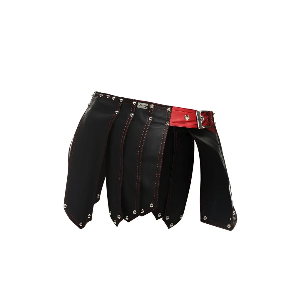 Black leather male basics dmble10 dngeon roman skirt with red belt and silver studs in black and red color