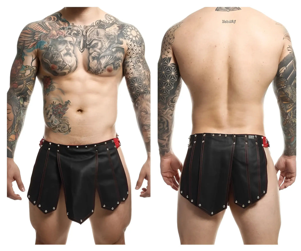 Malebasics dmbl10 dngeon roman skirt black with red stitching and silver studs on black leather shorts