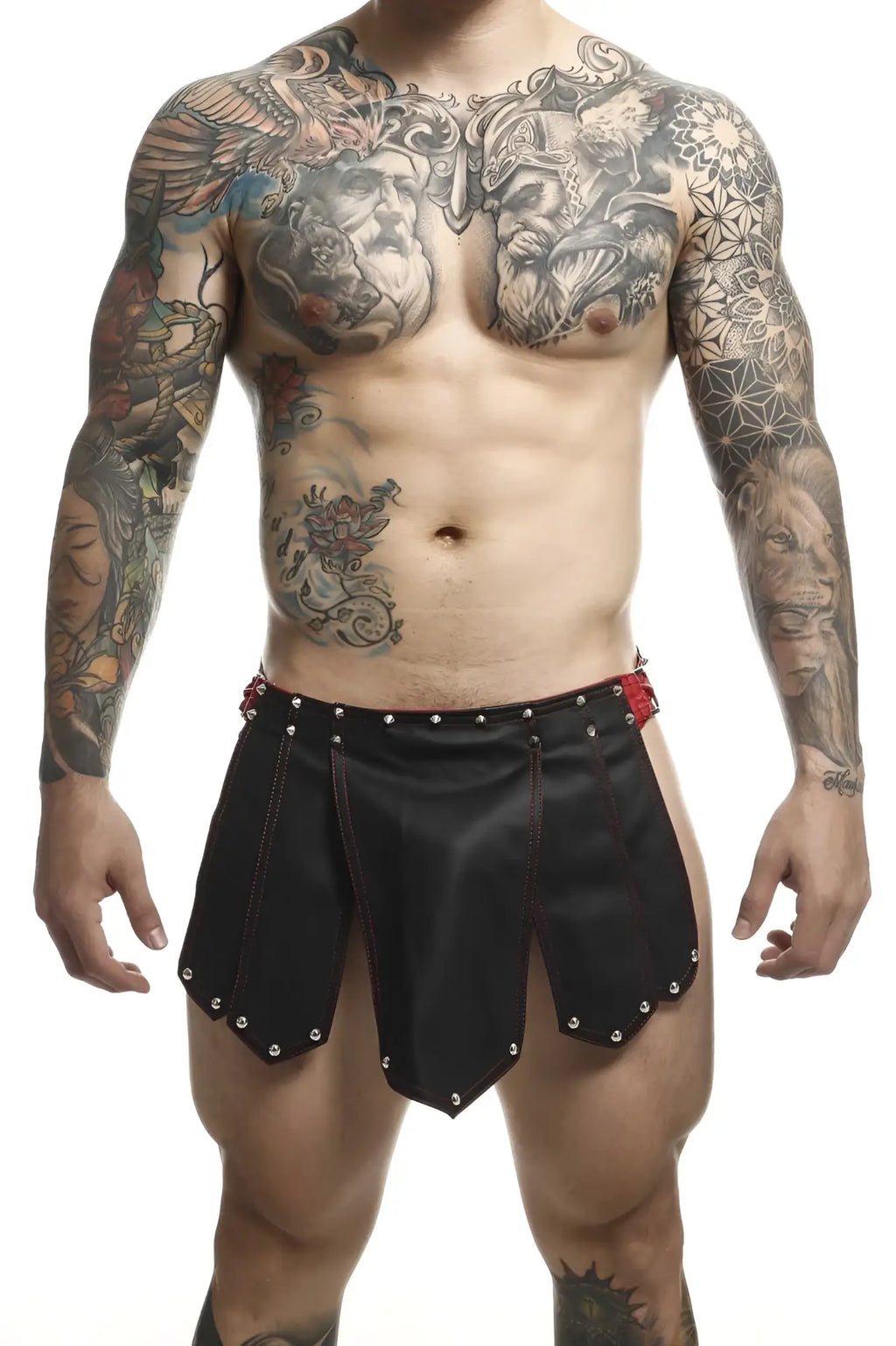 Malebasics dmbl10 dngeon roman skirt black-red black leather shorts with red stitching and silver studs along hem
