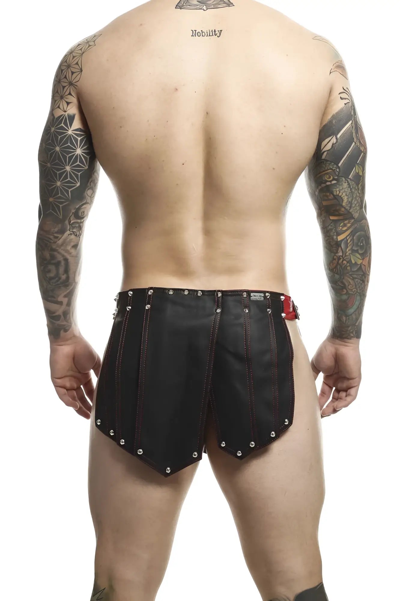 Malebasics dmbl10 dngeon roman skirt black-red featuring black leather shorts with silver studs and red stitching