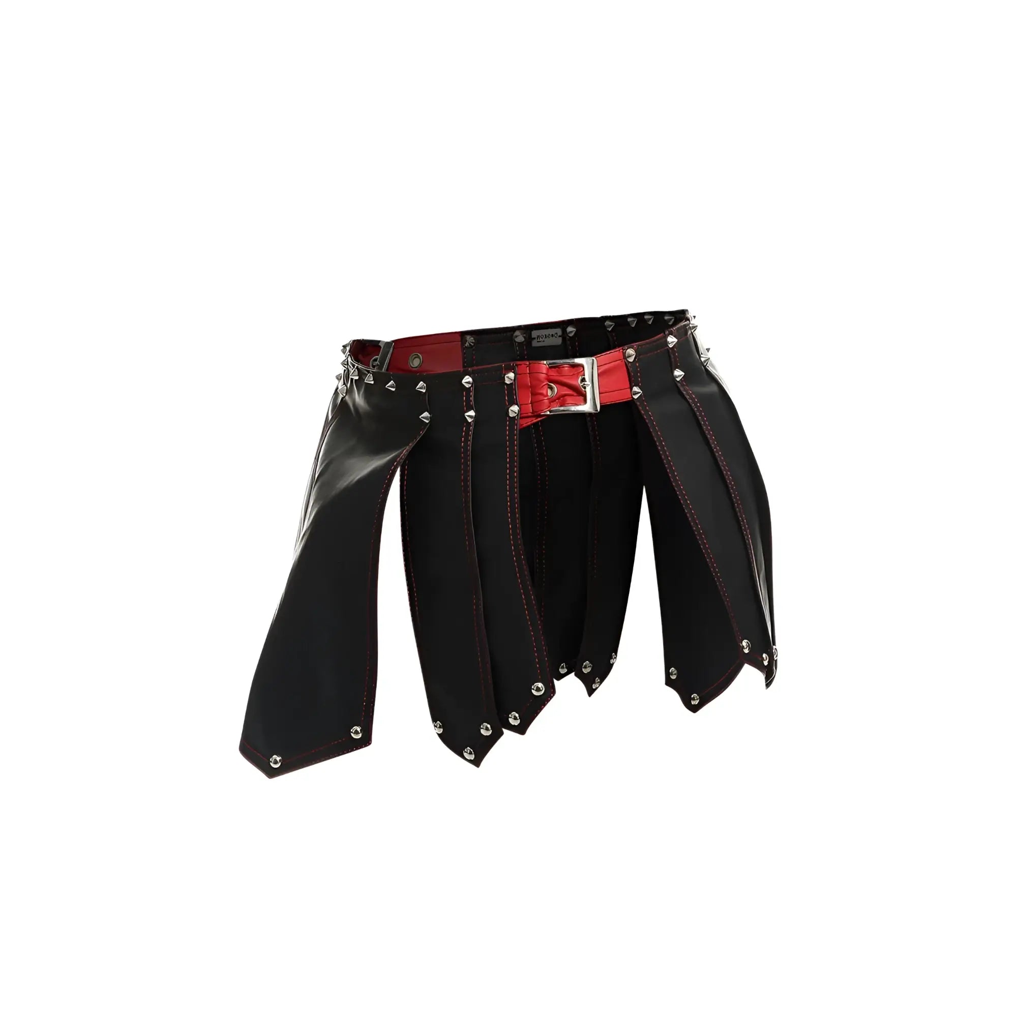 Malebasics dmb10 dngeon roman black leather skirt with red stitching silver studs and bold red belt buckle