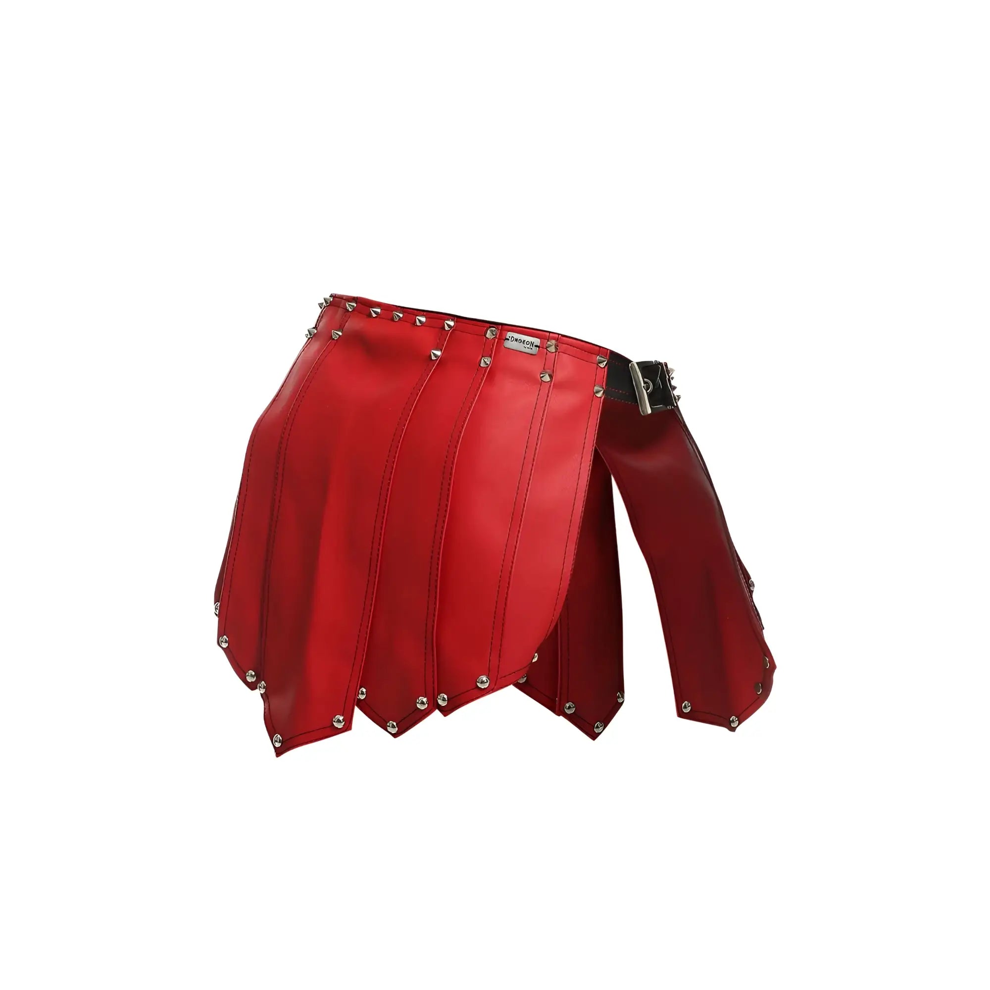 Malebasics dmb l10 dngeon red roman skirt in red faux leather with silver studs and black belt buckle