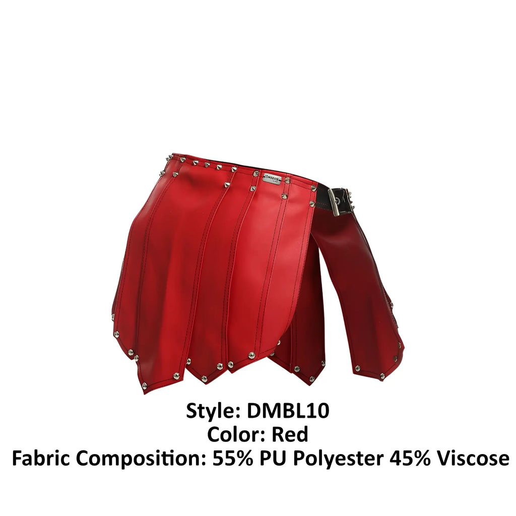 Red faux leather malebasics dmble10 dngeon roman skirt with silver studs and black belt buckle