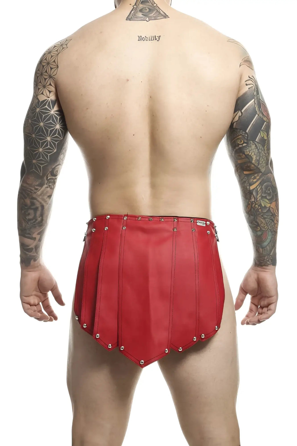 Red leather malebasics dmb10 dngeon roman skirt with metallic studs along the edges in red