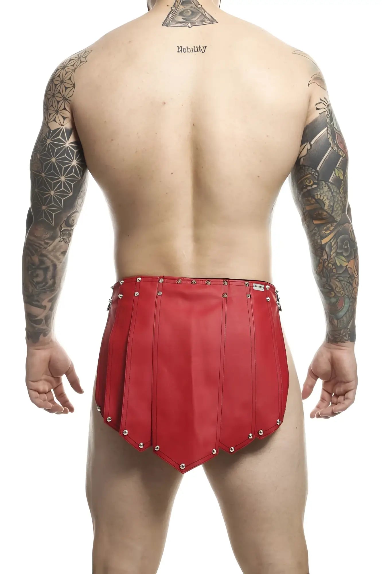 Red leather malebasics dmb10 dngeon roman skirt with metallic studs along the edges in red