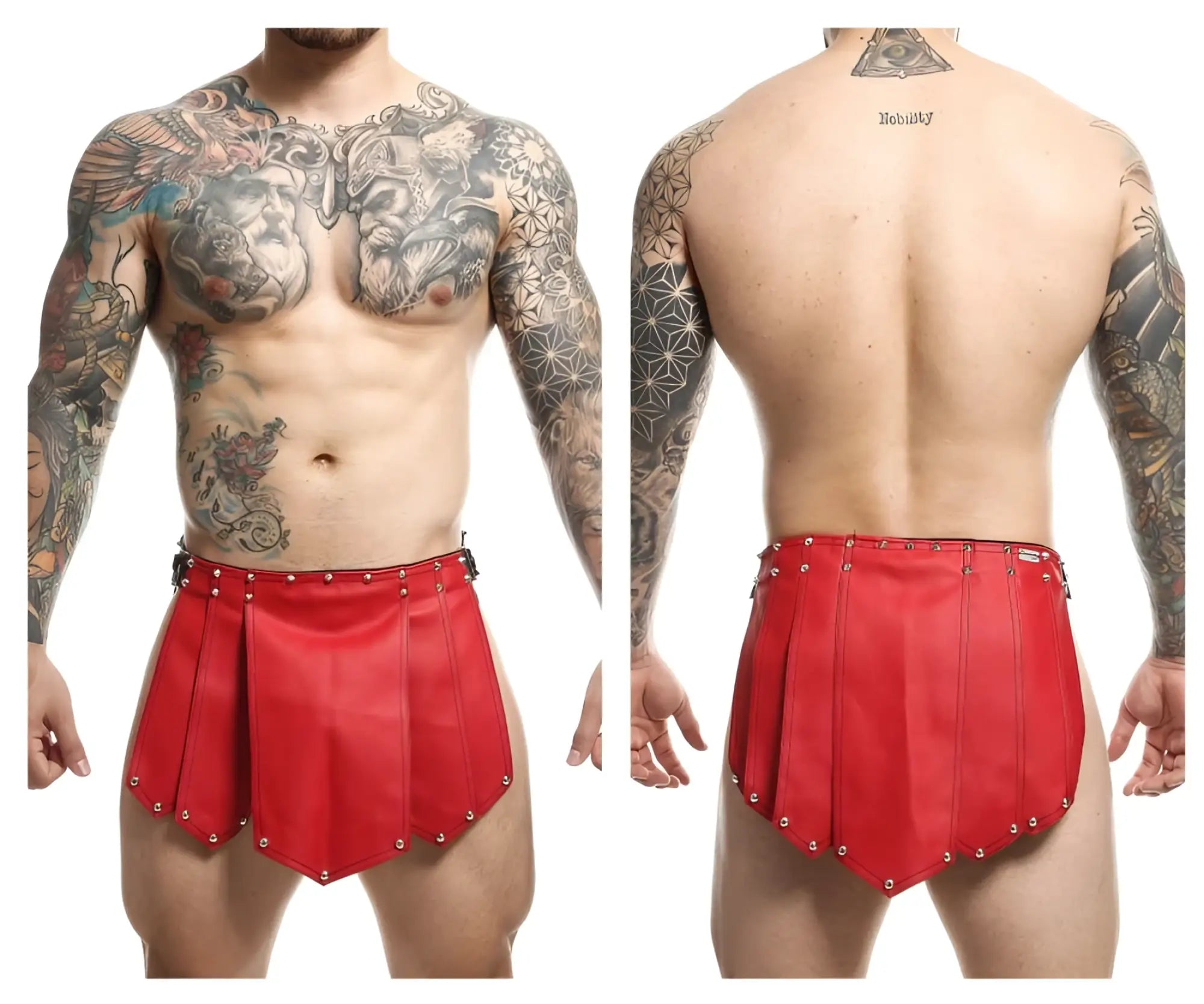 Malebasics dmbl10 dngeon roman skirt in red leather shorts with pleated design and metallic studs along the hem