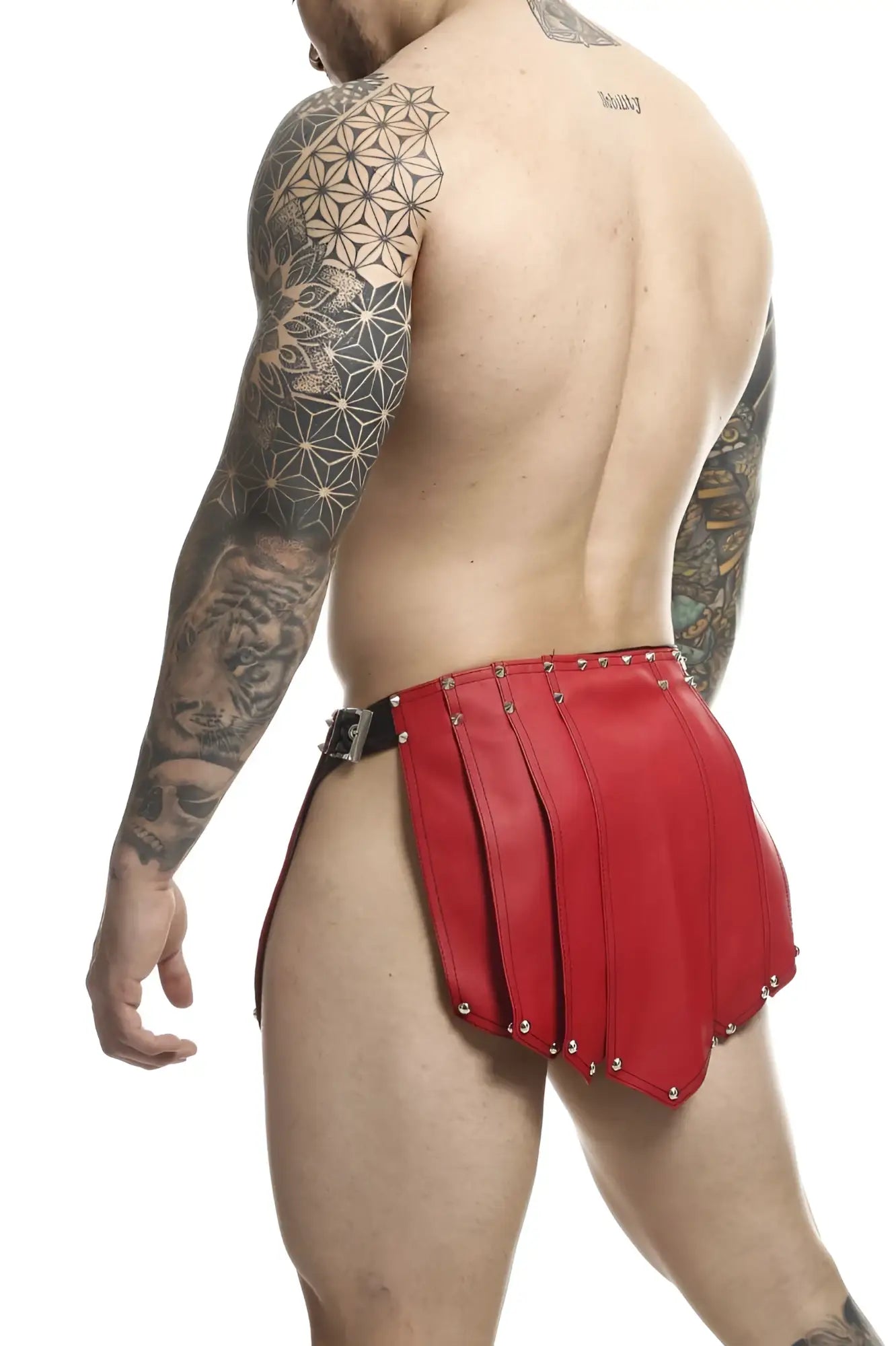Malebasics dmbly10 dngeon roman skirt red leather shorts with pleated design and silver studs along the hem