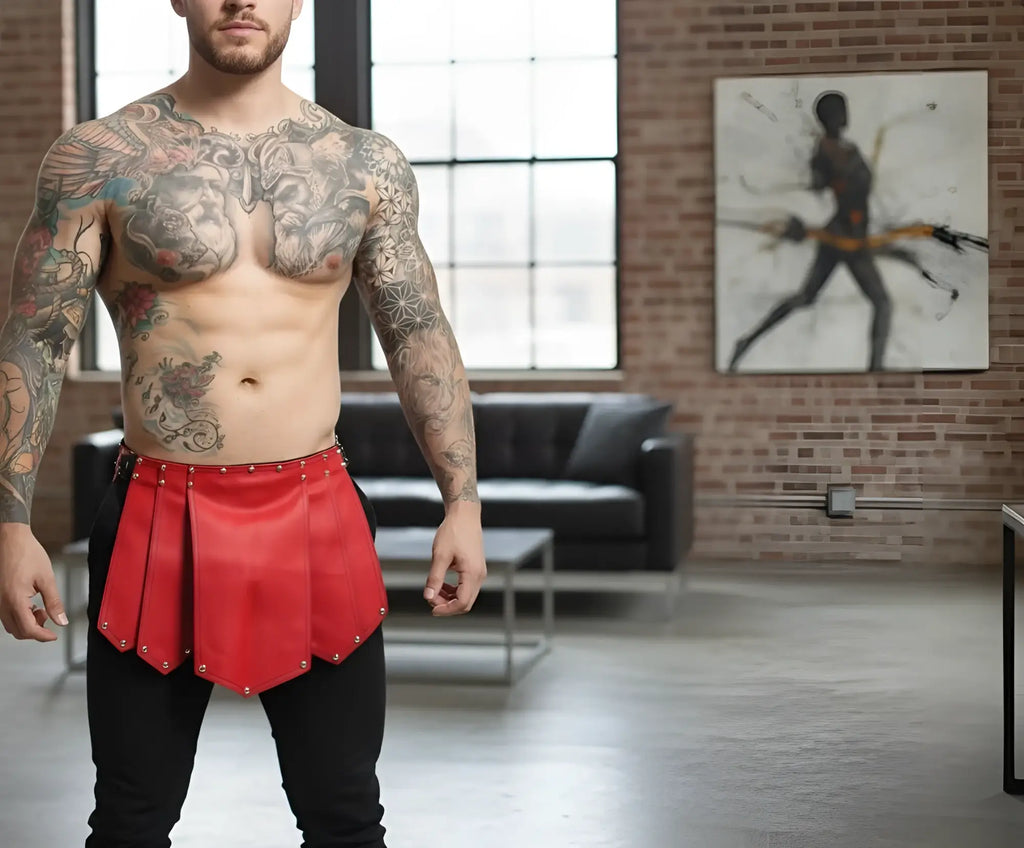 Malebasics dmbl10 dngeon roman skirt in red leather shorts with pleated design and metallic studs along the hem