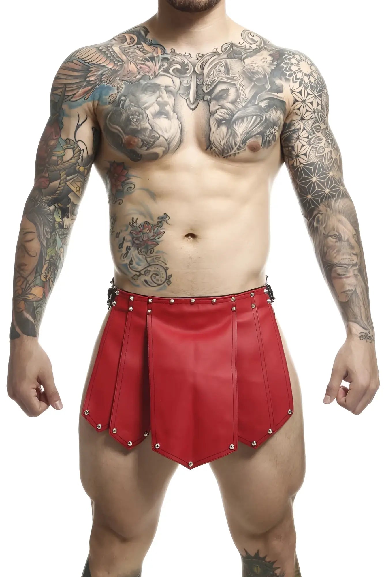 Malebasics DMBL10 dngeon red roman skirt style shorts in red leather with silver studs for men