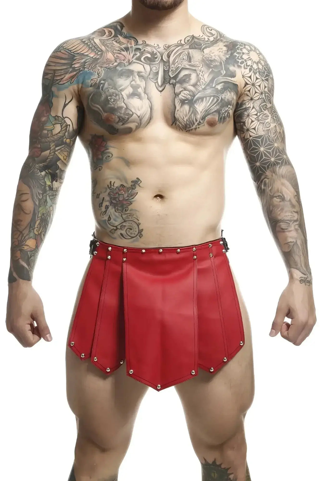 Malebasics DMBL10 dngeon red roman skirt style shorts in red leather with silver studs for men