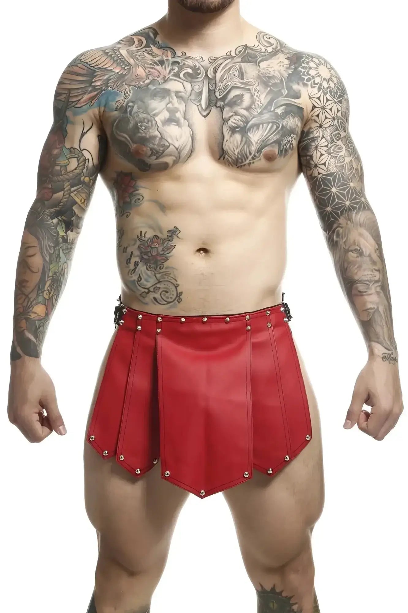 Malebasics DMBL10 dngeon red roman skirt style shorts in red leather with silver studs for men